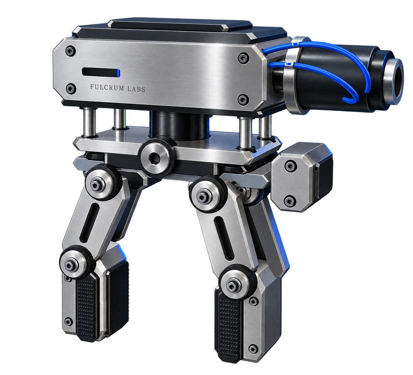 Conceptual metallic robotic gripper with cobalt accents